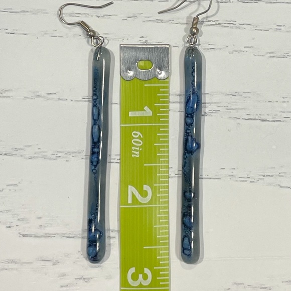 Art Glass Long Blue Dangle Bar Earrings - Picture 5 of 6